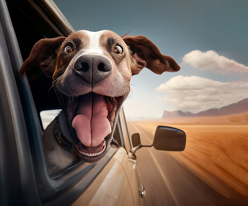Happy dog on a road trip